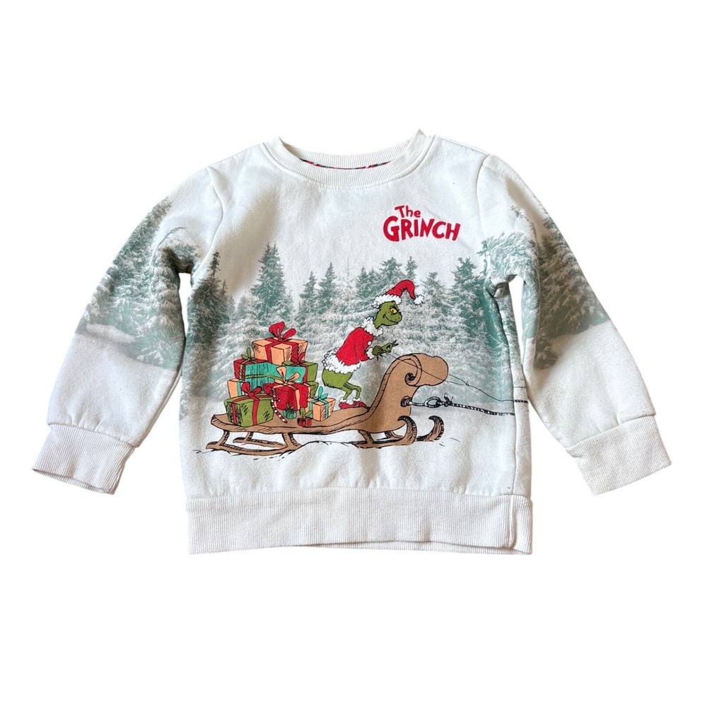 The Grinch Sweatshirt Kids White Holiday Christmas Sleigh Graphic SIZE 4T